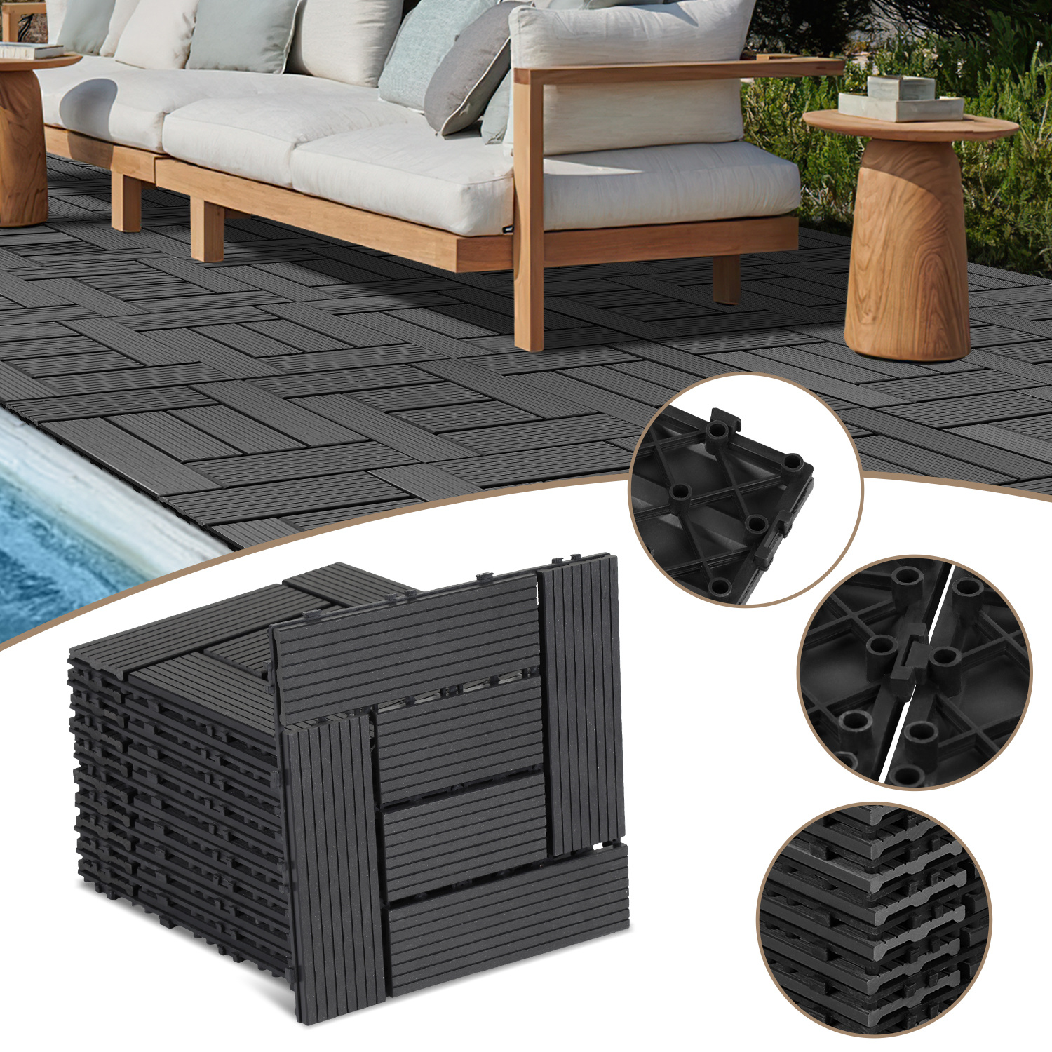 Jiubiaz 22pcs Wpc Terrassenfliesen Für Garten Balkon Bodenbelag 30x30cm Dunkelbraun Mit Drainage Und Klicksystem
