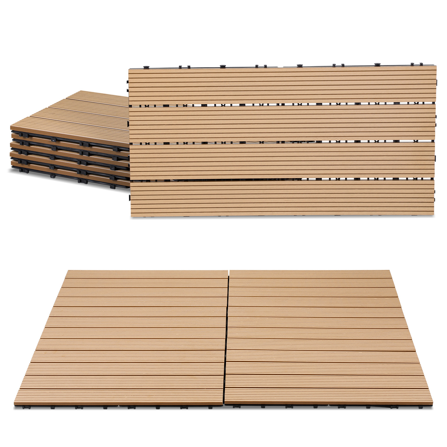 Jiubiaz 48er Set Wpc Terrassenfliesen Für Garten, 4 Lamellen, 30 × 60 Cm, Klicksystem, Holz-kunststoff-verbund In Teakoptik