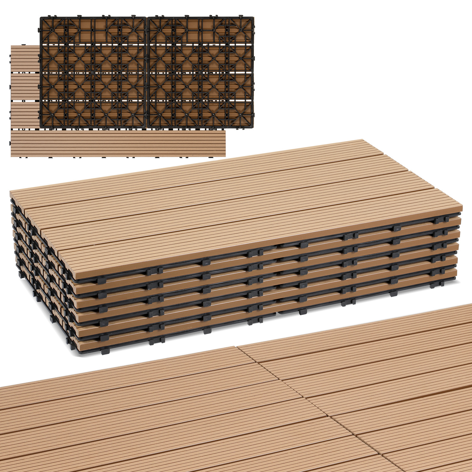Jiubiaz 60er Set Wpc Terrassenfliesen Für Garten, 4 Lamellen, 30 × 60 Cm, Klicksystem, Holz-kunststoff-verbund In Teakoptik