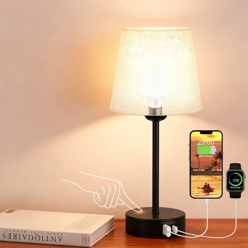 Nachttischlampen, 3-fach Dimmbare Touch-tischlampen Mit Usb-a+c-ladeanschlüssen, Wohn- Und Schlafzimmertischlampen Mit Beigefarbenem Leinenlampenschirm (leuchtmittel Inklusive)