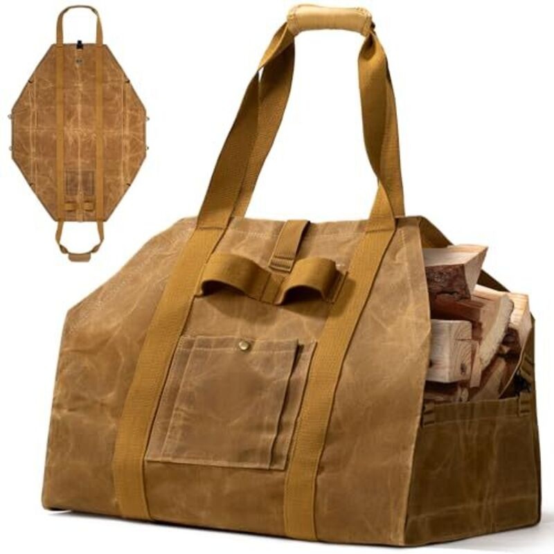 2-in-1-holzsack Aus Gewachstem Canvas, Extra Groß, Mit Griffen, Ideal Für Außenkamin, Camping, Holzofen Und Grill.