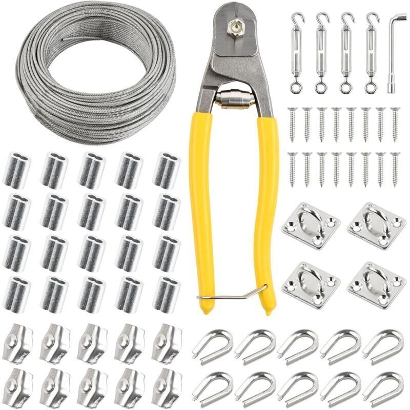 50 M Stahlkabelbinder, 67-teiliges 3 Mm 7x7 Kabelschlauch-set Mit 4 Kabelspannern, 20 Quetschschlaufen, 10 Kabelschuhen, 10 Klemmen, 4 Wandhaken, Schraubenschlüssel, Drahtschneider, Edelstahl-gardinen