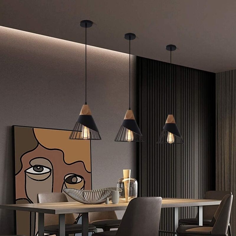 3er-set Vintage-pendelleuchten, Industriedesign Aus Holz Und Metall, 27 Wandleuchten Für Esszimmer Und Küche, Schwarz