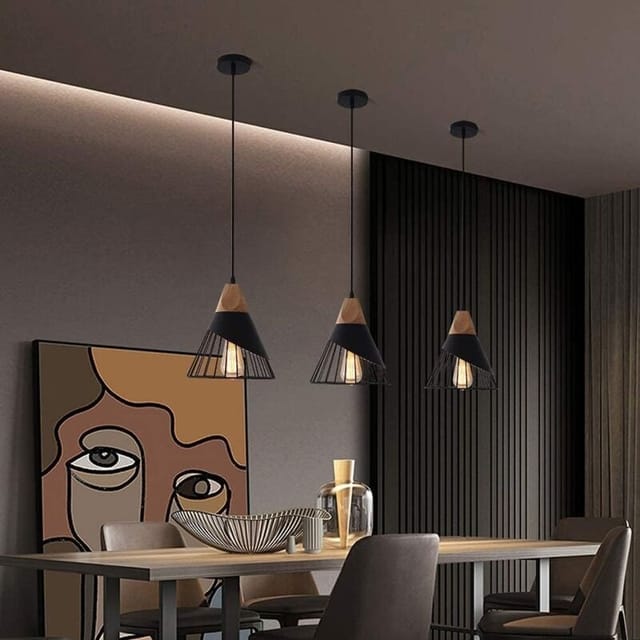 3er-set Vintage-pendelleuchten, Industriedesign Aus Holz Und Metall, 27 Wandleuchten Für Esszimmer Und Küche, Schwarz