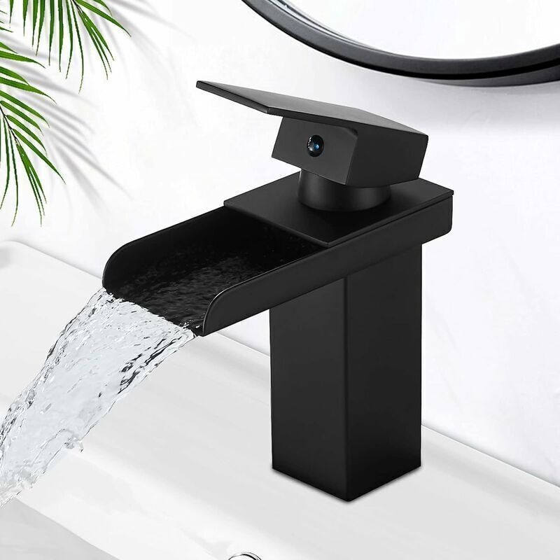 Mattschwarze Wasserfall-waschtischarmatur, Einhebel-waschtischarmatur Aus Messing Mit Warm- Und Kaltwasseranschluss, Keramikventil, Konkave Wasserfall-design