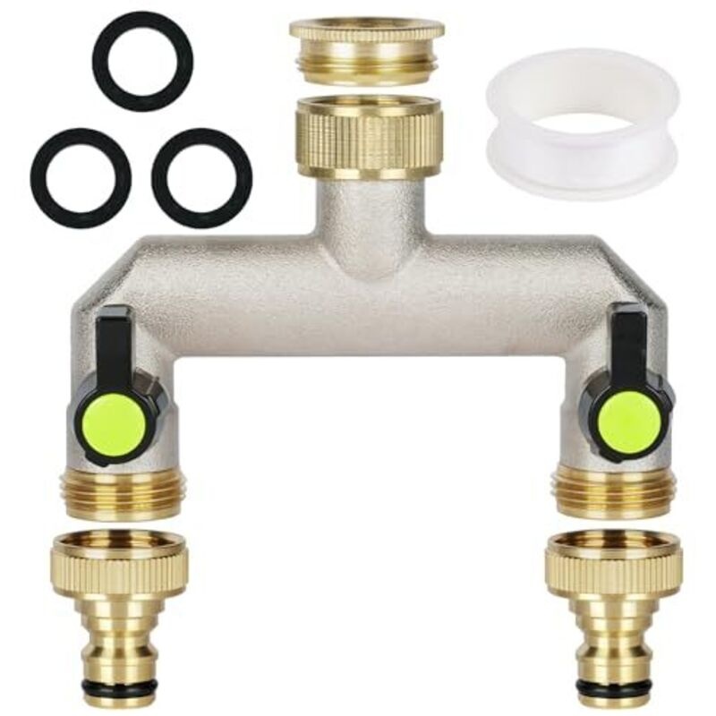 2-wege-wasserhahnadapter, 3/4"-messing-wasserhahnverteiler Mit Schlauchverteiler, 2-wege-wasserhahn-schlauchadapter Mit Zwei 3/4"-ausgängen, 1 Dichtungsstreifen