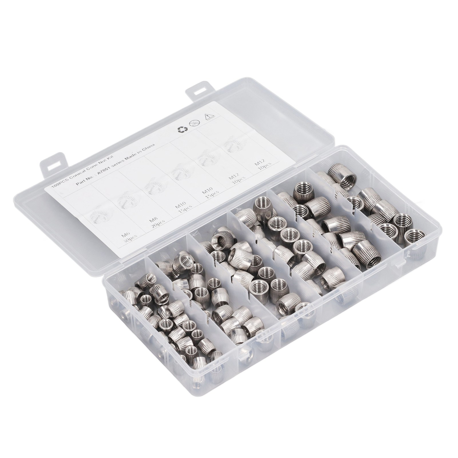 100 Konische Muttern Aus Edelstahl 304, 6 Mm, 8 Mm, 10 Mm Und 12 Mm, 4 Gerändelte Ausführungen, Implosionsmuttern