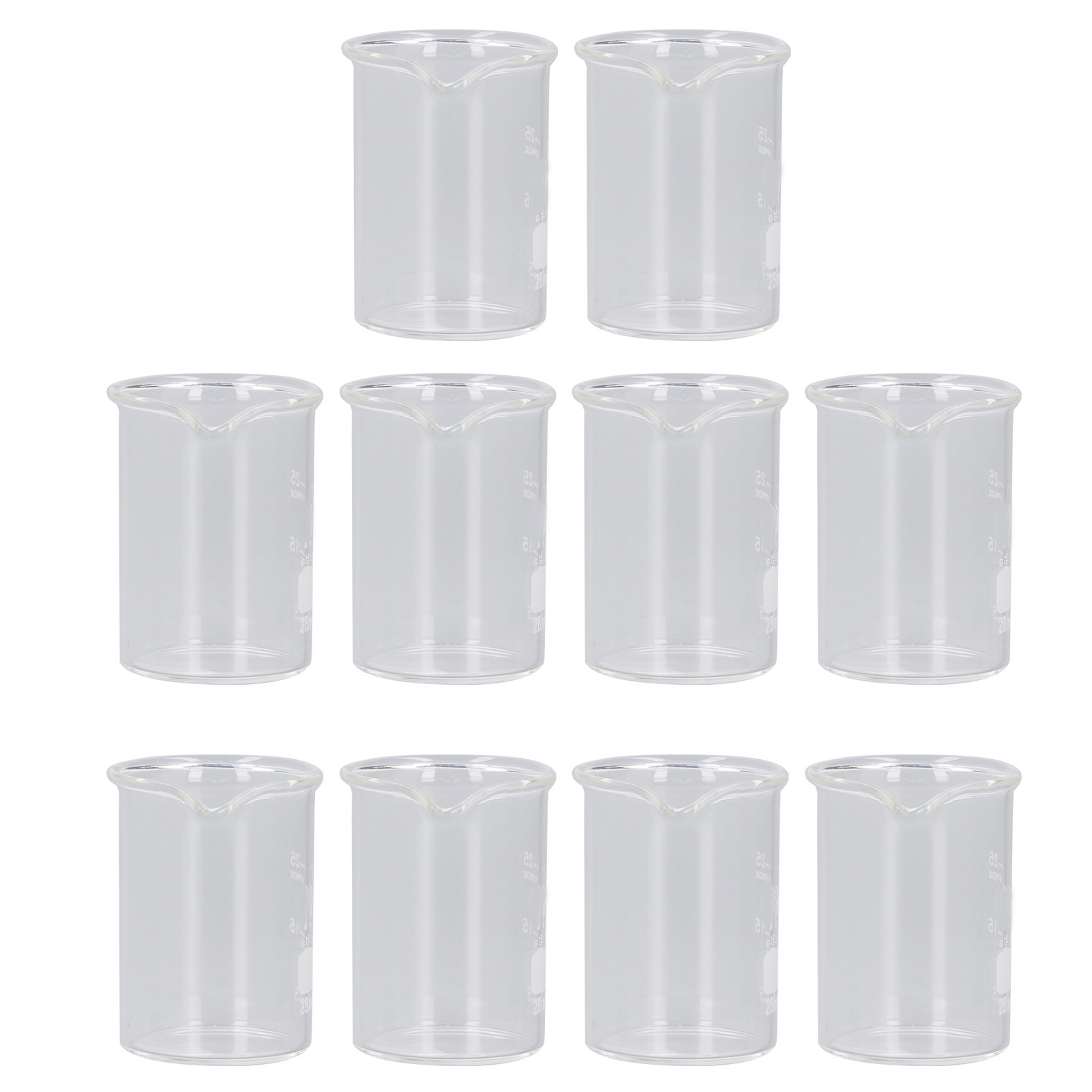 Set Aus 10 Glasbechern Mit Graduierung Für Experimente Und Unterricht, Fassungsvermögen 25 Ml.