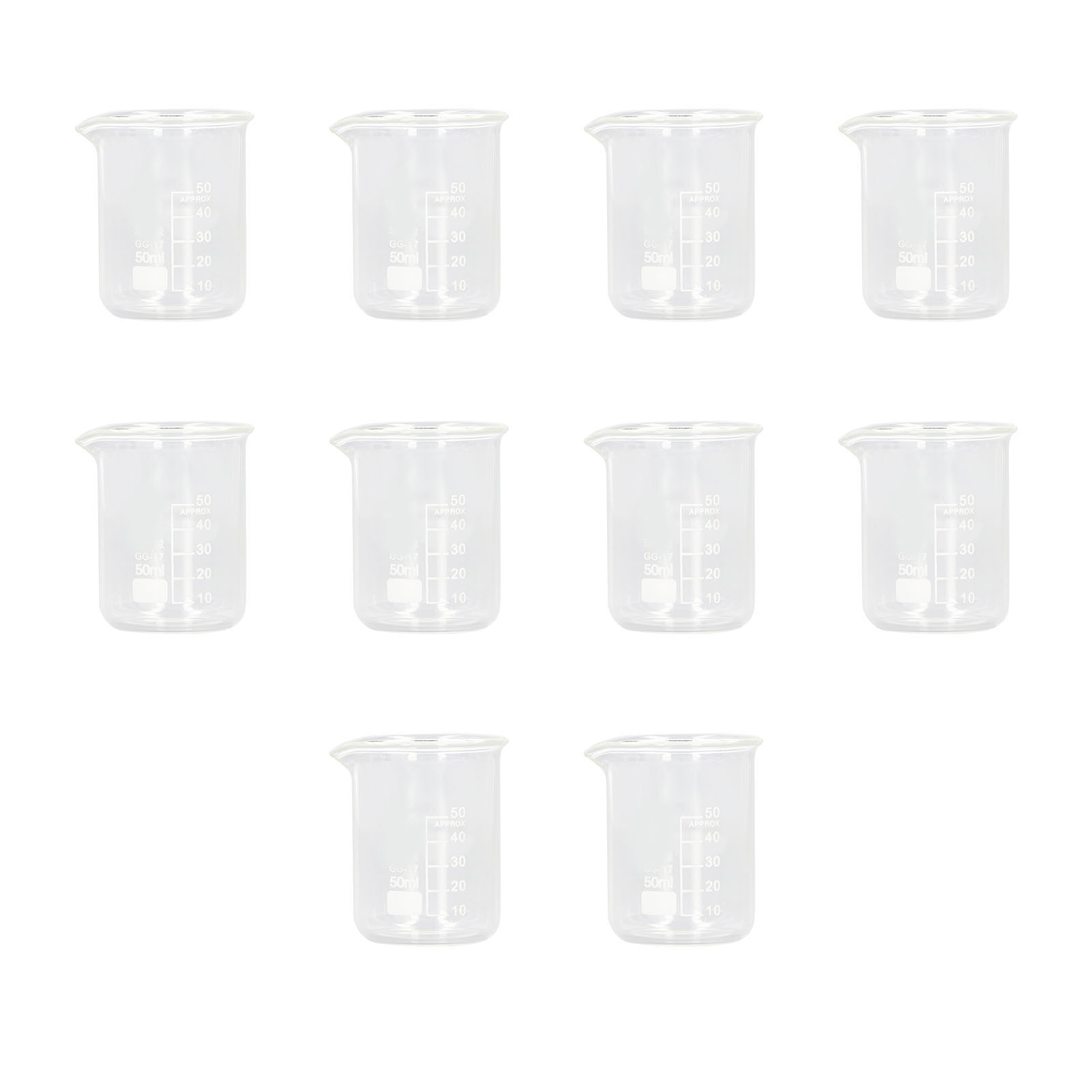Set Aus 10 Dickwandigen Laborglasbechern À 50 Ml, Graduierten Reagenzgläsern Mit Klarer Graduierung.
