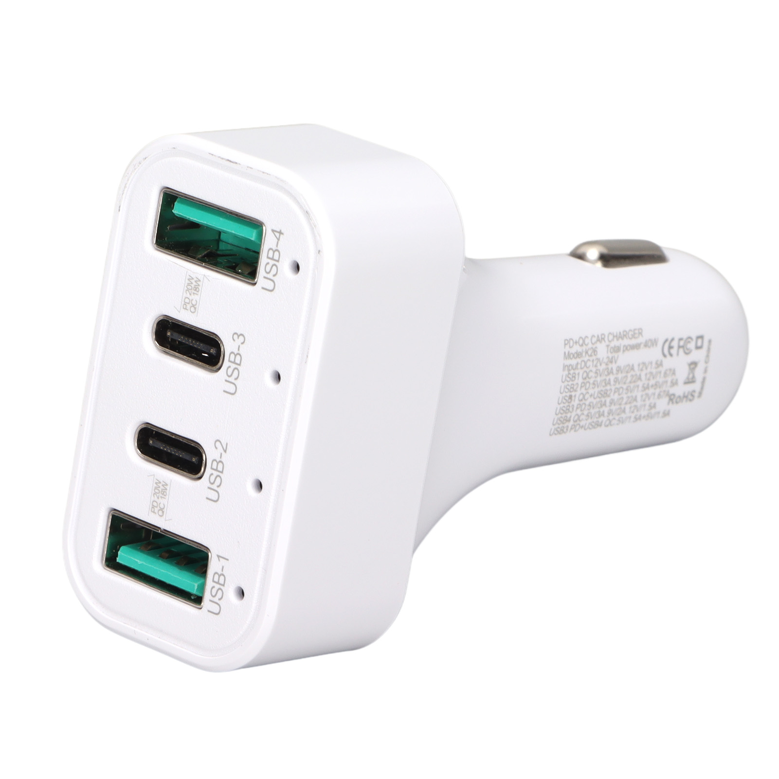 4-port 40w Schnelllade-autoladegerät Mit Zigarettenanzünderadapter Und Led Für Alle 12v-24v Dc-fahrzeuge