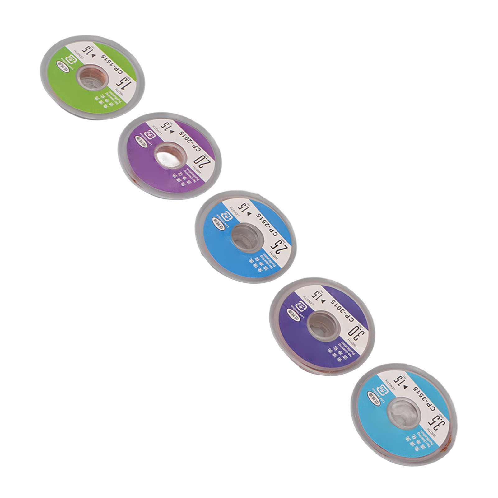 Set Mit 5 Kupfer-entlötlitzen Mit Breiten Von 1,5 Mm, 2 Mm, 2,5 Mm, 3 Mm Und 3,5 Mm Und Einer Länge Von 1,5 M.