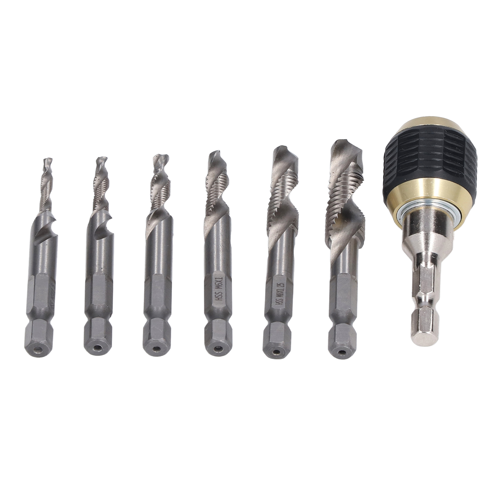 Set Mit 7 Spiral-kombinationsgewindebohrern Aus Hss, 1/4" Sechskantschaft, Gewindebohrer, Silberfarben.