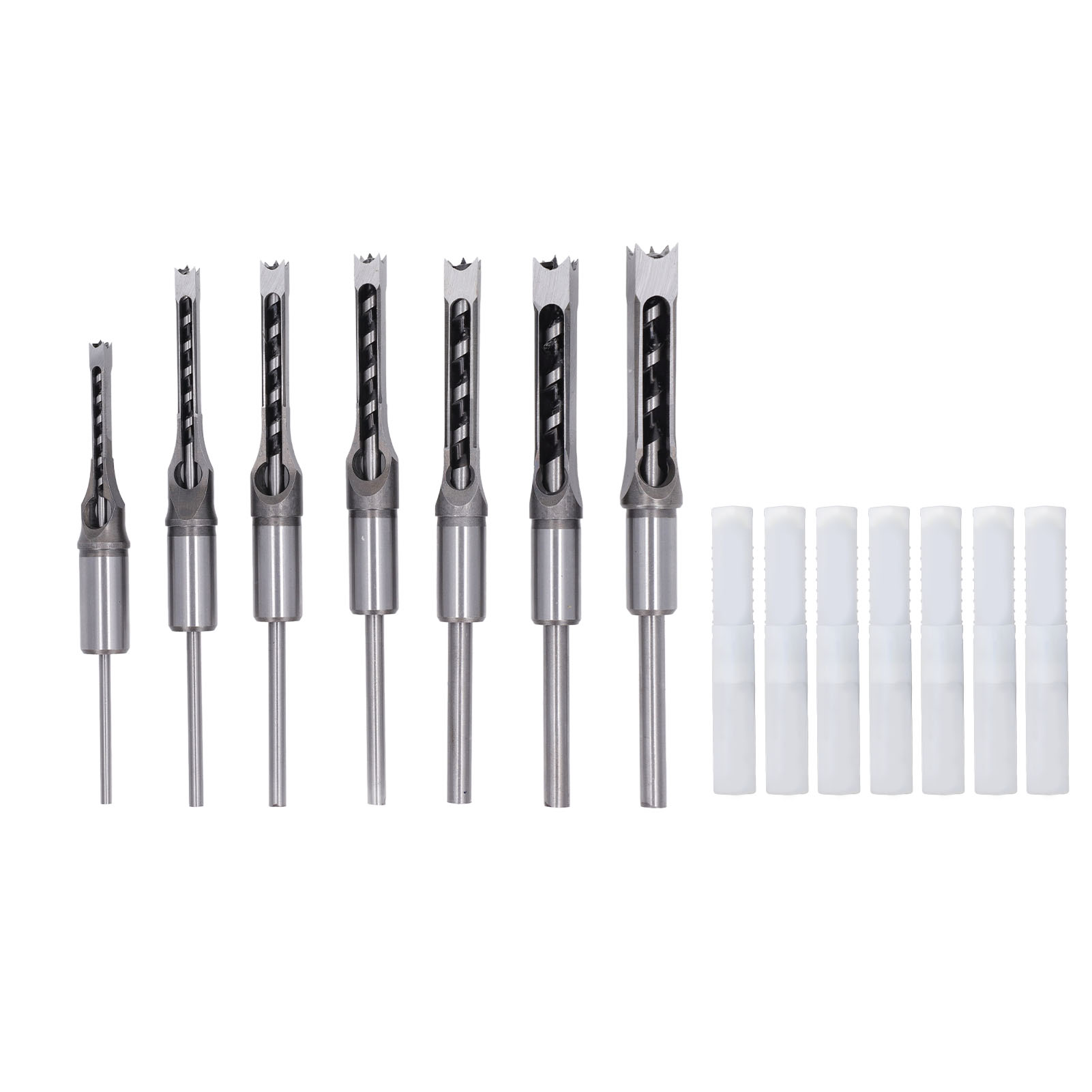 Set Mit 7 Vierkantbohrern Für Die Holzbearbeitung: 1/4 Zoll, 5/16 Zoll, 3/8 Zoll, 2/5 Zoll, 1/2 Zoll, 9/16 Zoll Und 5/8 Zoll, Aus Hochgeschwindigkeitsstahl (hss), Zum Meißeln.
