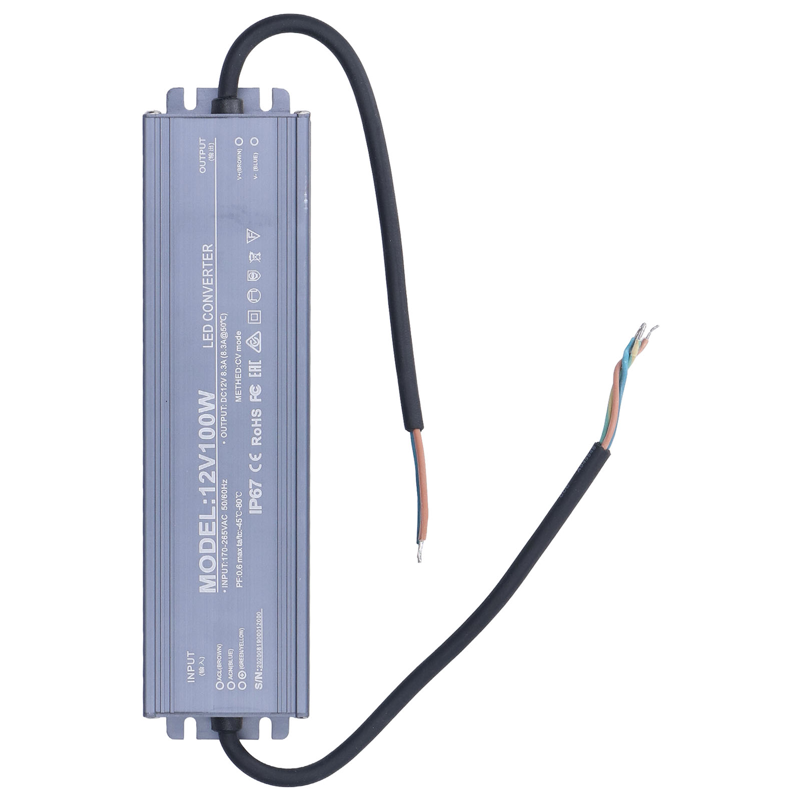 Ip67 Wasserdichtes Netzteil, Kupferkernkabel, Led-treibertransformator, 12-v-eingang, 8,3 A, Ac 170–265 V