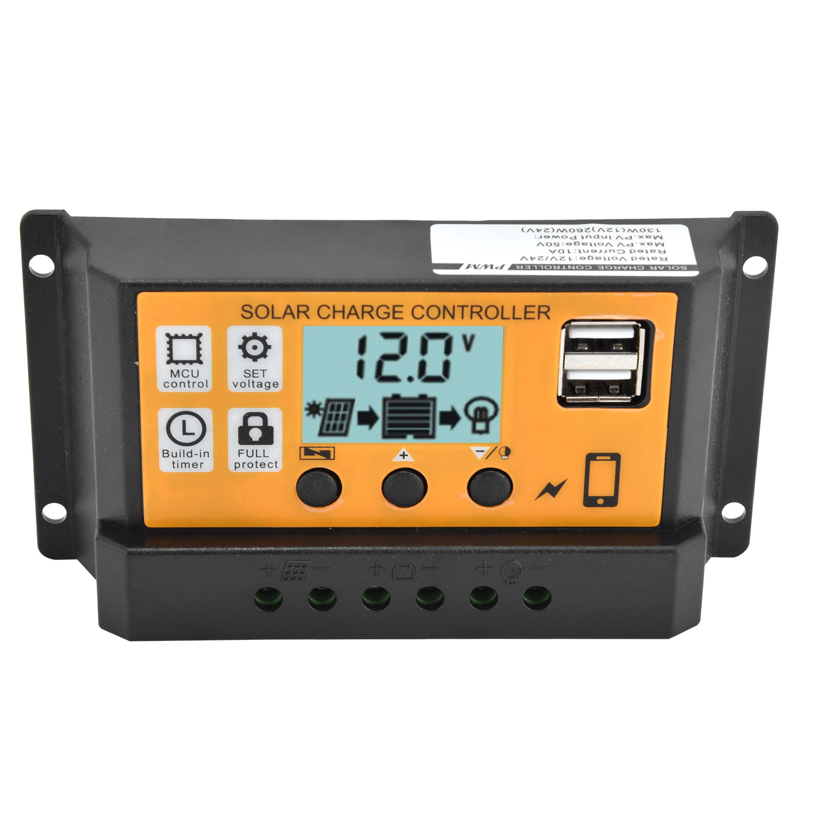 Intelligenter Solarladeregler, Zwei Usb-anschlüsse, Dreistufiger Pwm-laderegler 12 V/24 V 10 A