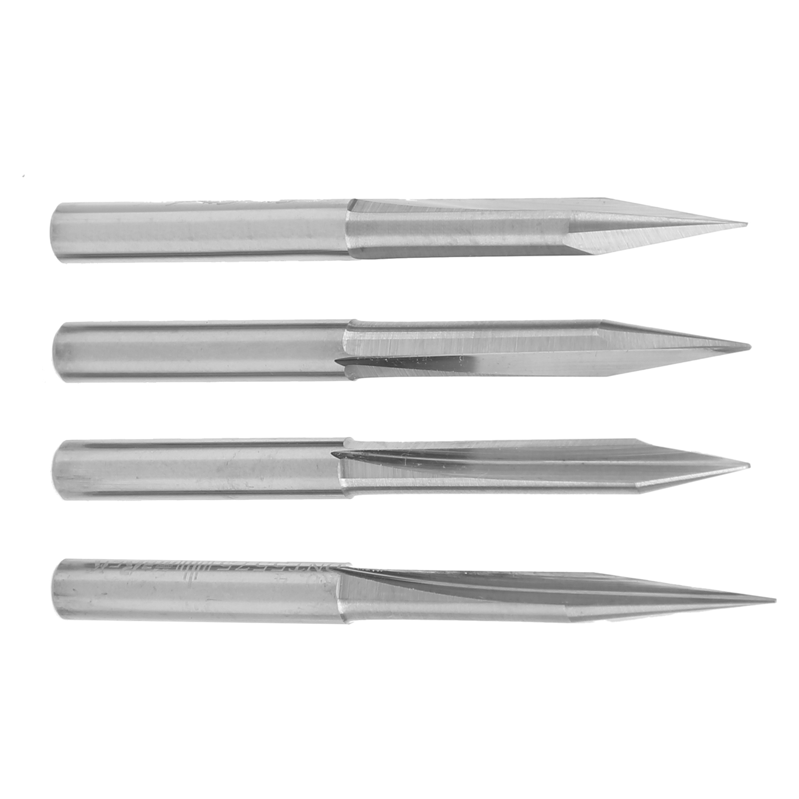 V-förmige Gravierfräser, 2 Klingen, 4x0,3x15°/4x0,3x20°/4x0,3x25°/4x0,3x30°