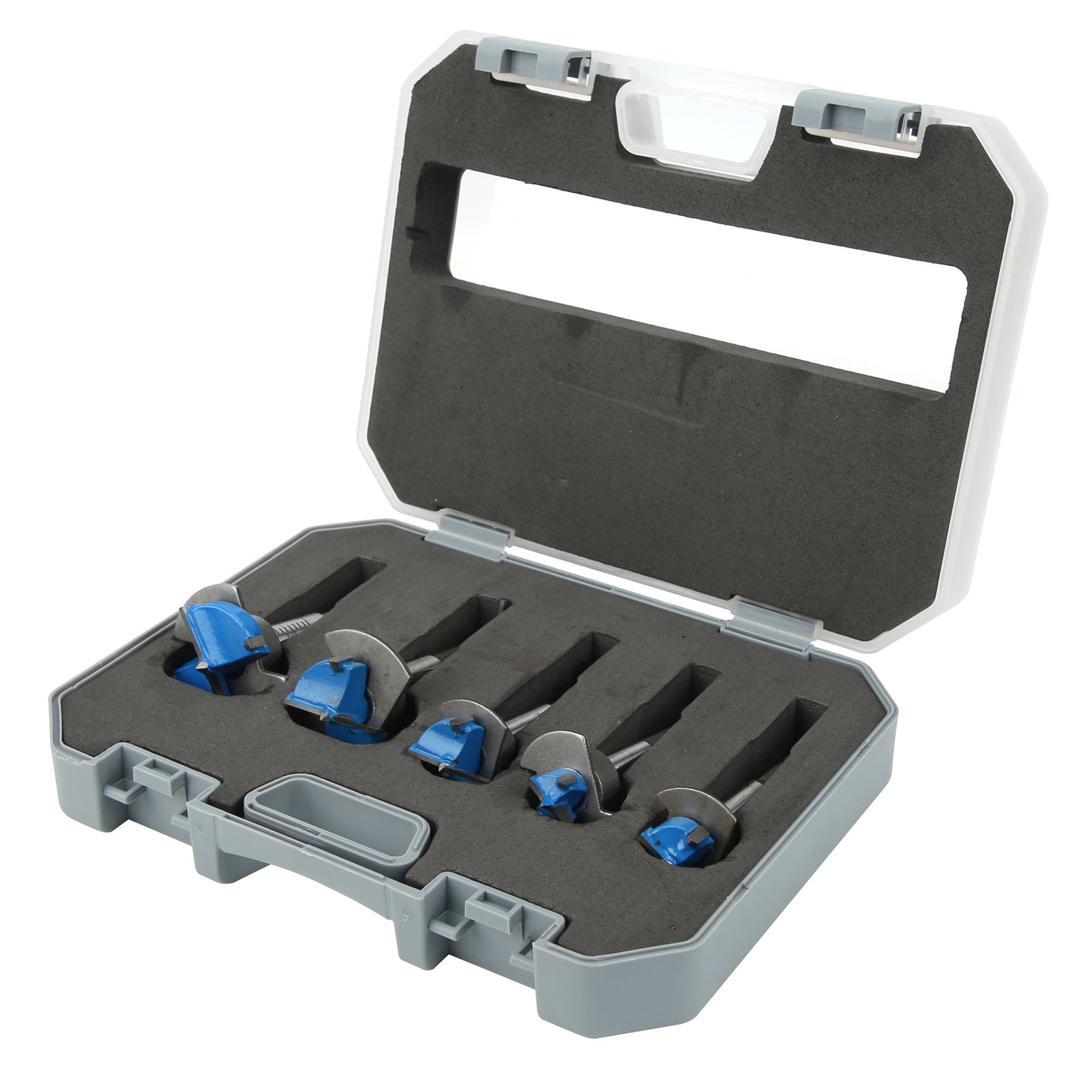 Set Mit 5 Verstellbaren Blauen Hartmetall-scharnierbohrern Für Die Holzbearbeitung, Von 15 Bis 35 Mm