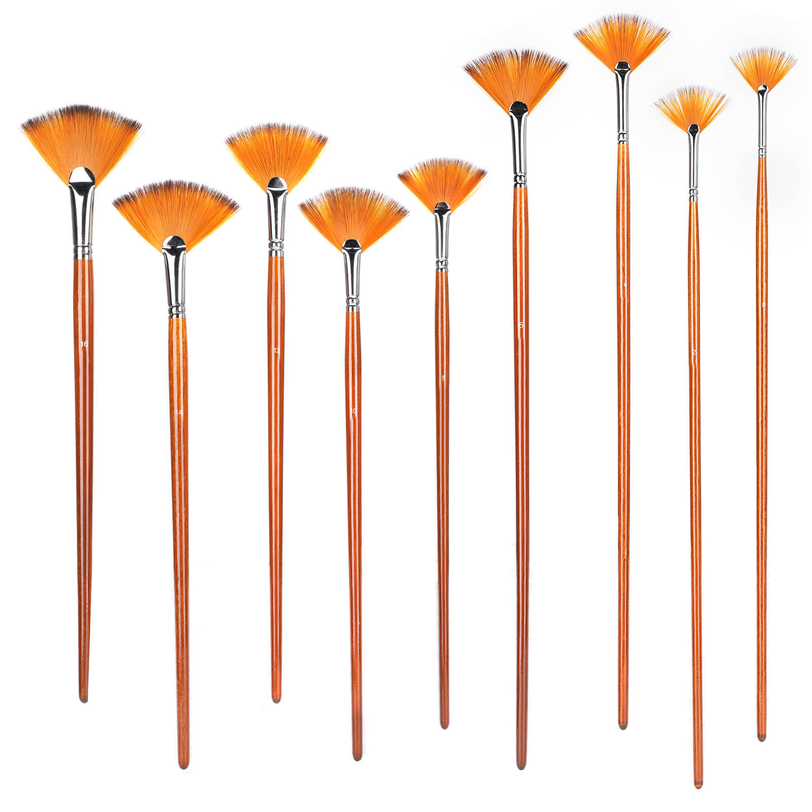 Set Mit 9 Fächerförmigen Nylon- Und Wollpinseln Für Aquarell- Und Acrylfarben. Künstlerbedarf.