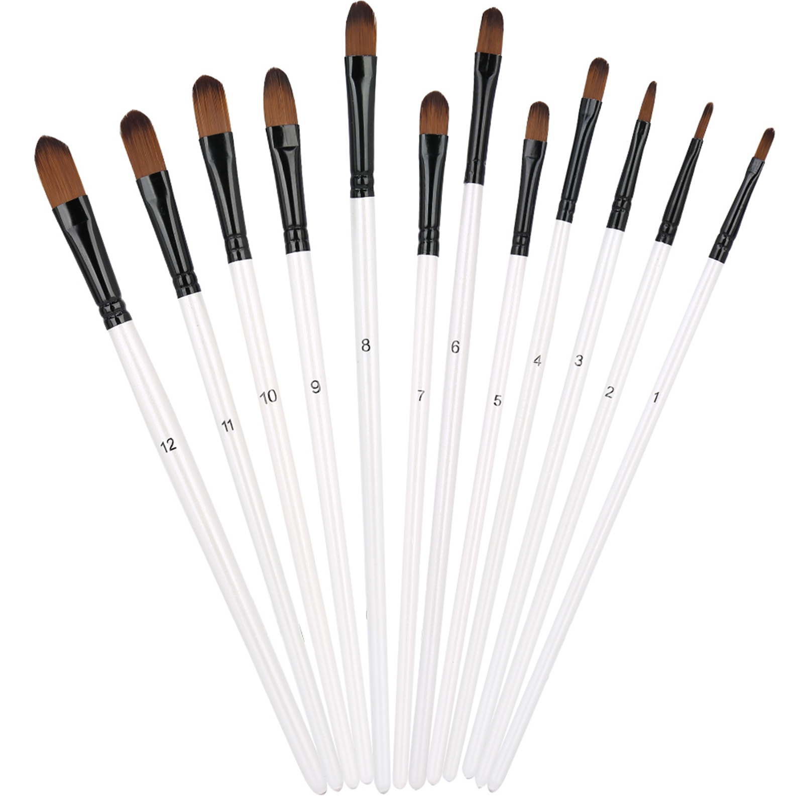 Set Mit 12 Nylonpinseln, Holzgriff, Perlmuttweiß, Verschiedene Formen, Für Öl- Und Acrylmalerei. Flacher, Runder Kopf.