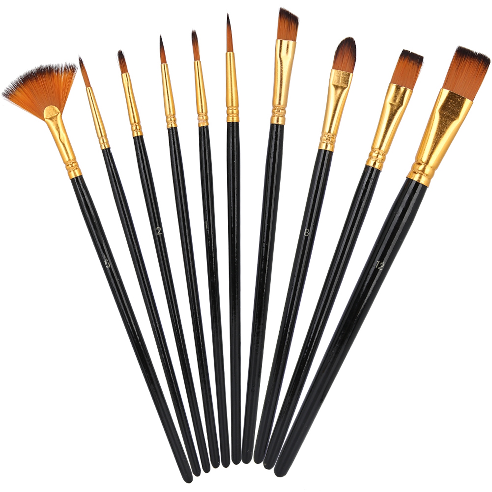 Set Mit 10 Nylonpinseln, Holzgriff, Fächerform, Sortiment An Flachen Und Unterschiedlich Behaarten Borstenpinseln Für Öl- Und Acrylmalerei.