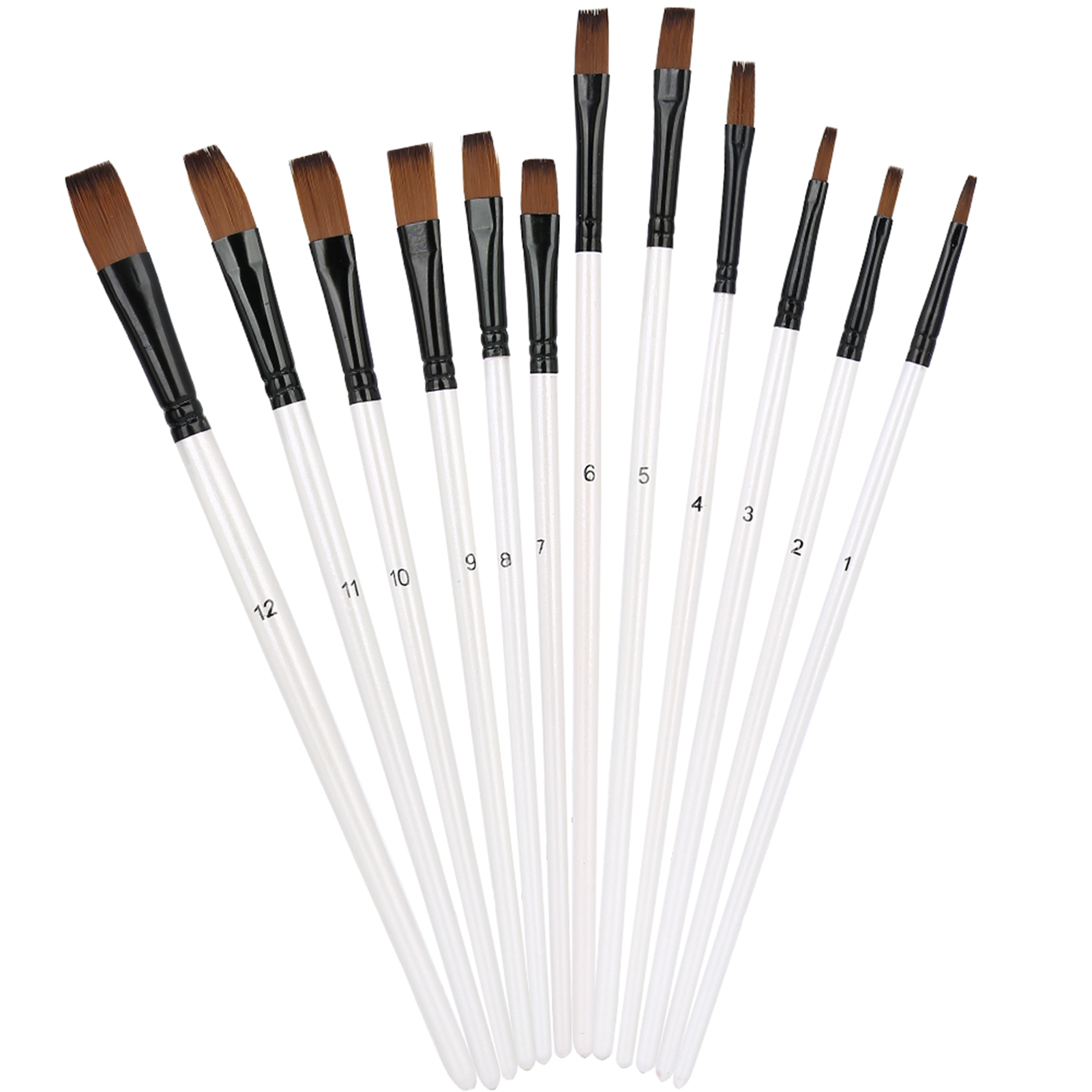 Set Mit 12 Nylonpinseln Mit Holzgriffen, Perlmuttweiß, Verschiedene Ausführungen, Für Öl- Und Acrylmalerei. Flacher Kopf.