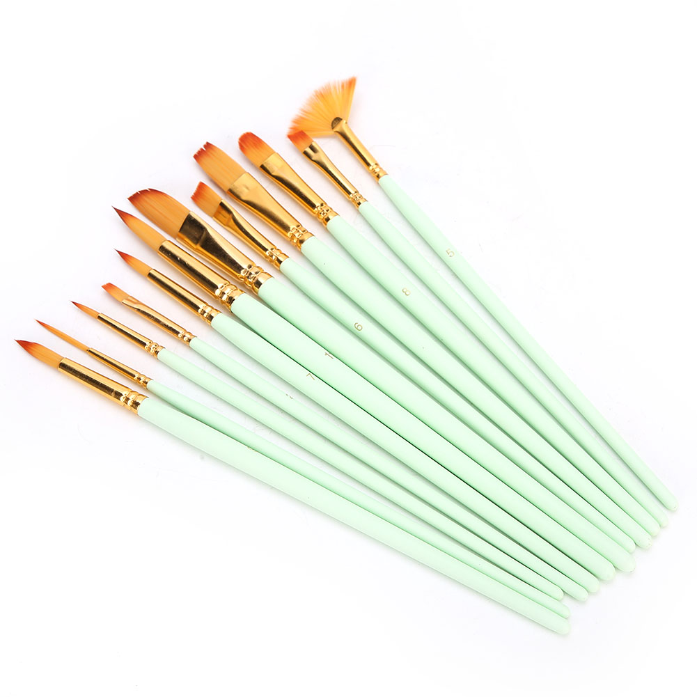 Set Mit 12 Nylonpinseln Für Aquarellmalerei, Kunstmalerei Und Bastelarbeiten. 12 Matte Grüne Stiele.