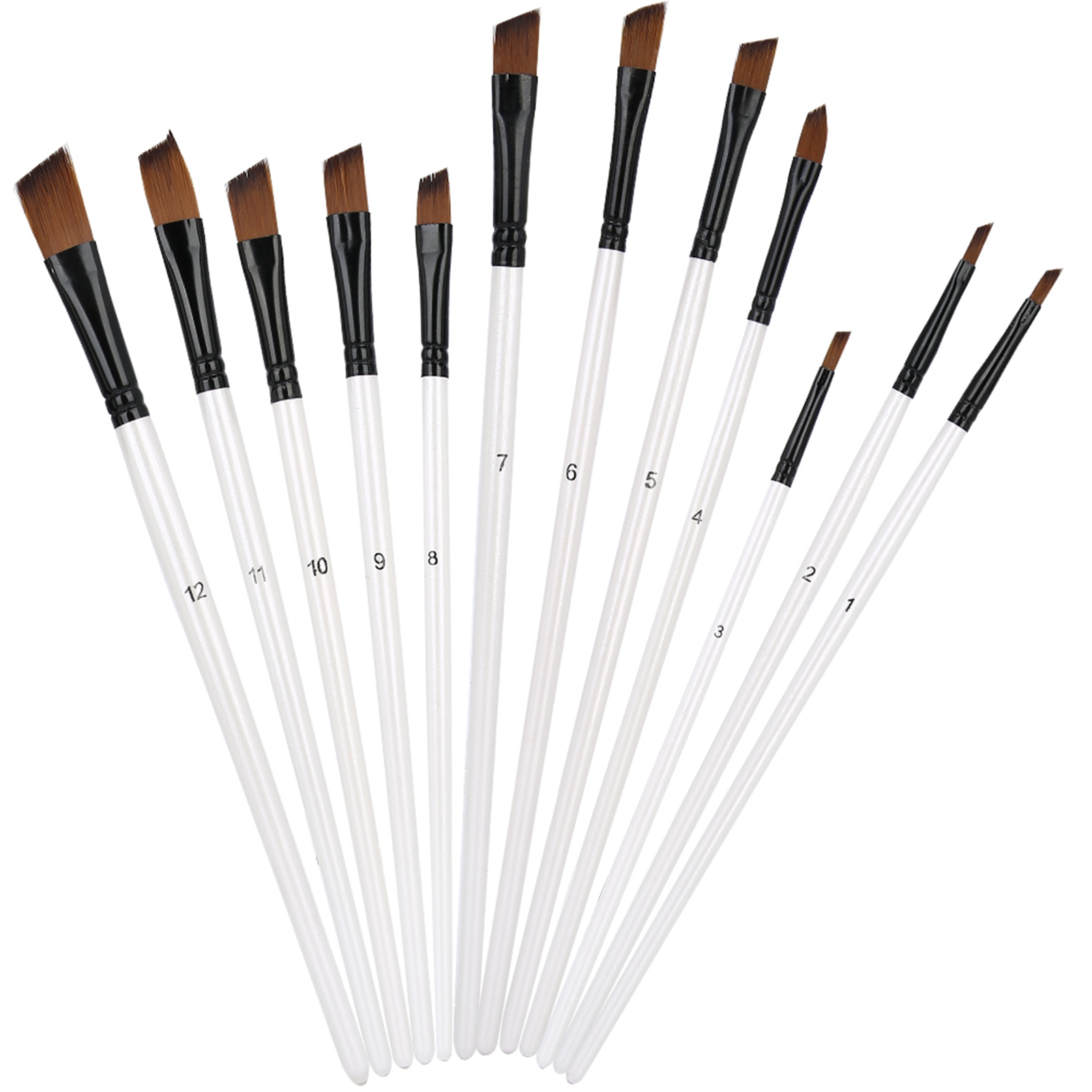 Set Aus 12 Nylonpinseln, Holzgriff, Perlmuttweiß, Verschiedene Ausführungen, Für Öl- Und Acrylmalerei, Schräger Kopf.