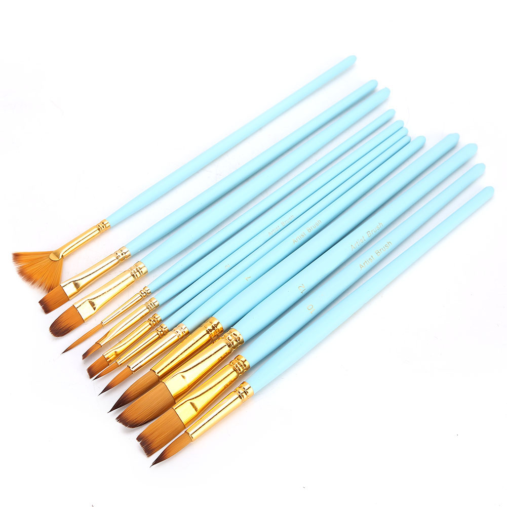 Set Mit 12 Nylonpinseln Für Aquarellmalerei, Malen Und Bastelarbeiten. 12 Matte Blaue Stiele.