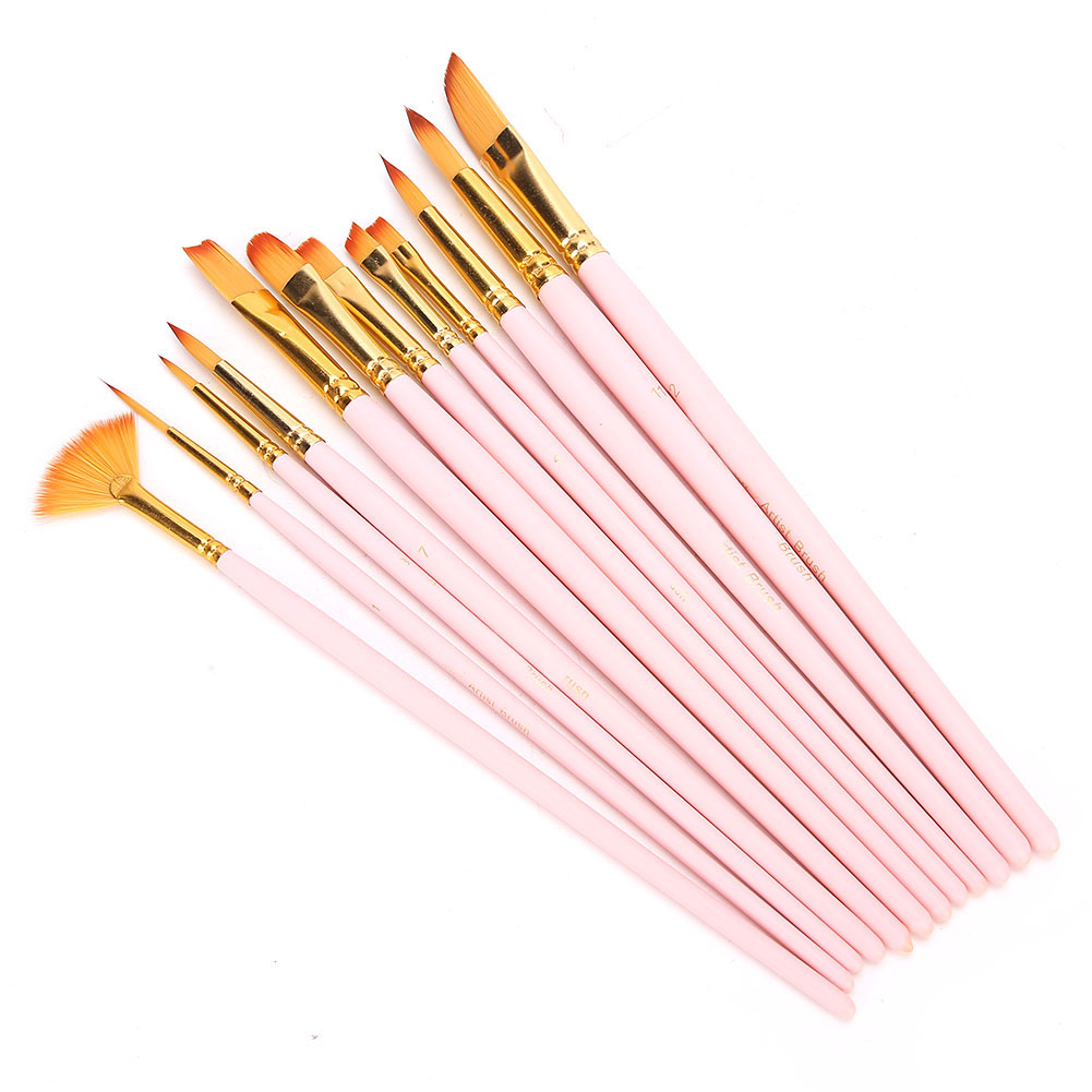 Set Mit 12 Nylonpinseln Für Aquarellmalerei, Malen Und Bastelarbeiten. 12 Matte, Rosafarbene Stiele.
