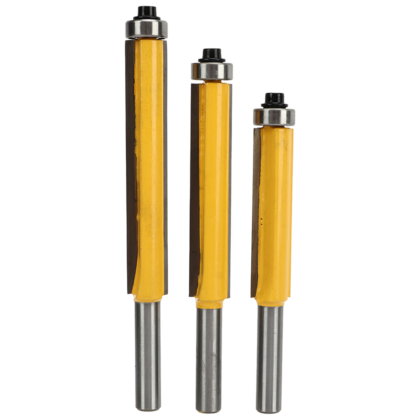 Set Aus 3 Professionellen Bündigen Fräsern Aus Wolframstahl Mit Geradem Kugellager Und 8 Mm Schaft Für Die Holzbearbeitung.