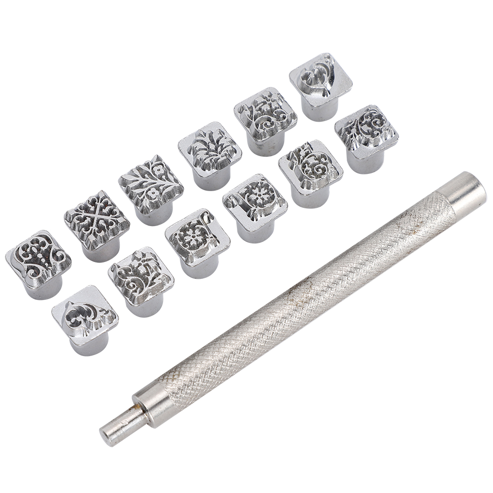 12-teiliges Stempelwerkzeug-set Aus Der Tang-dynastie, Florales Muster, Stempel Aus Pflanzlich Gegerbtem Leder, 1 Griff