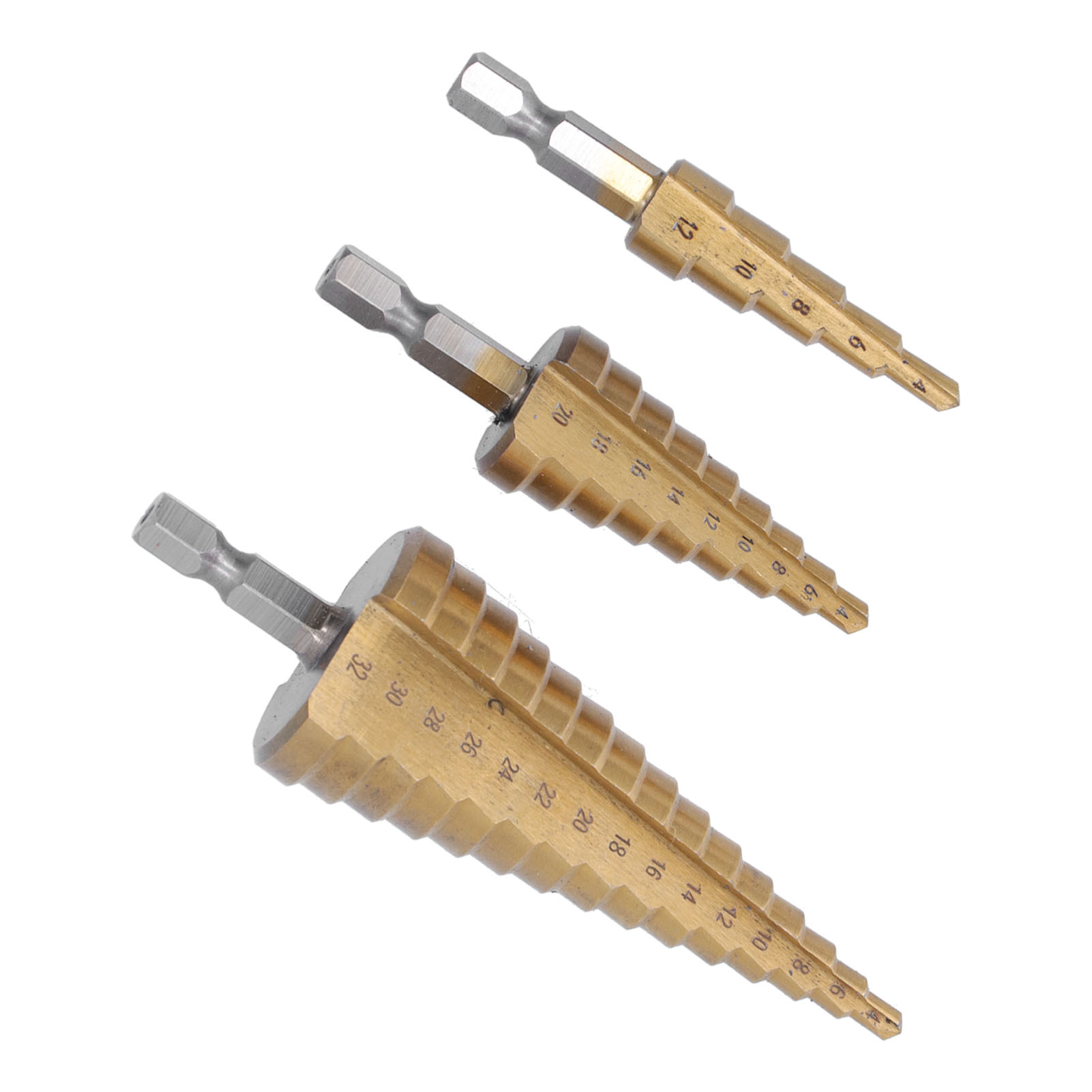 Set Mit 3 Stufenbohrern Mit Sechskantschaft Aus Hochgeschwindigkeitsstahl, Glatter, Robuster Und Langlebiger, Titanbeschichtet