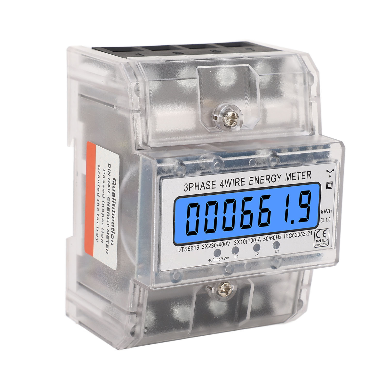 Dreiphasen-4-leiter-energiezähler, Hintergrundbeleuchtetes Lcd-display, Din-schienenmontage, 10–100 A, 230–400 V Wechselstrom