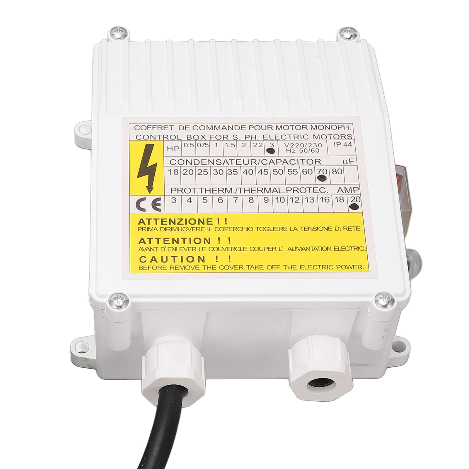Steuerkasten Für Eine 3 Ps (3,0 Ps) Haushalts-tauchpumpe Mit Schalter, 2,2 Kw Kondensator, 70 Μf, 20 A Und 220 V Eurostecker.