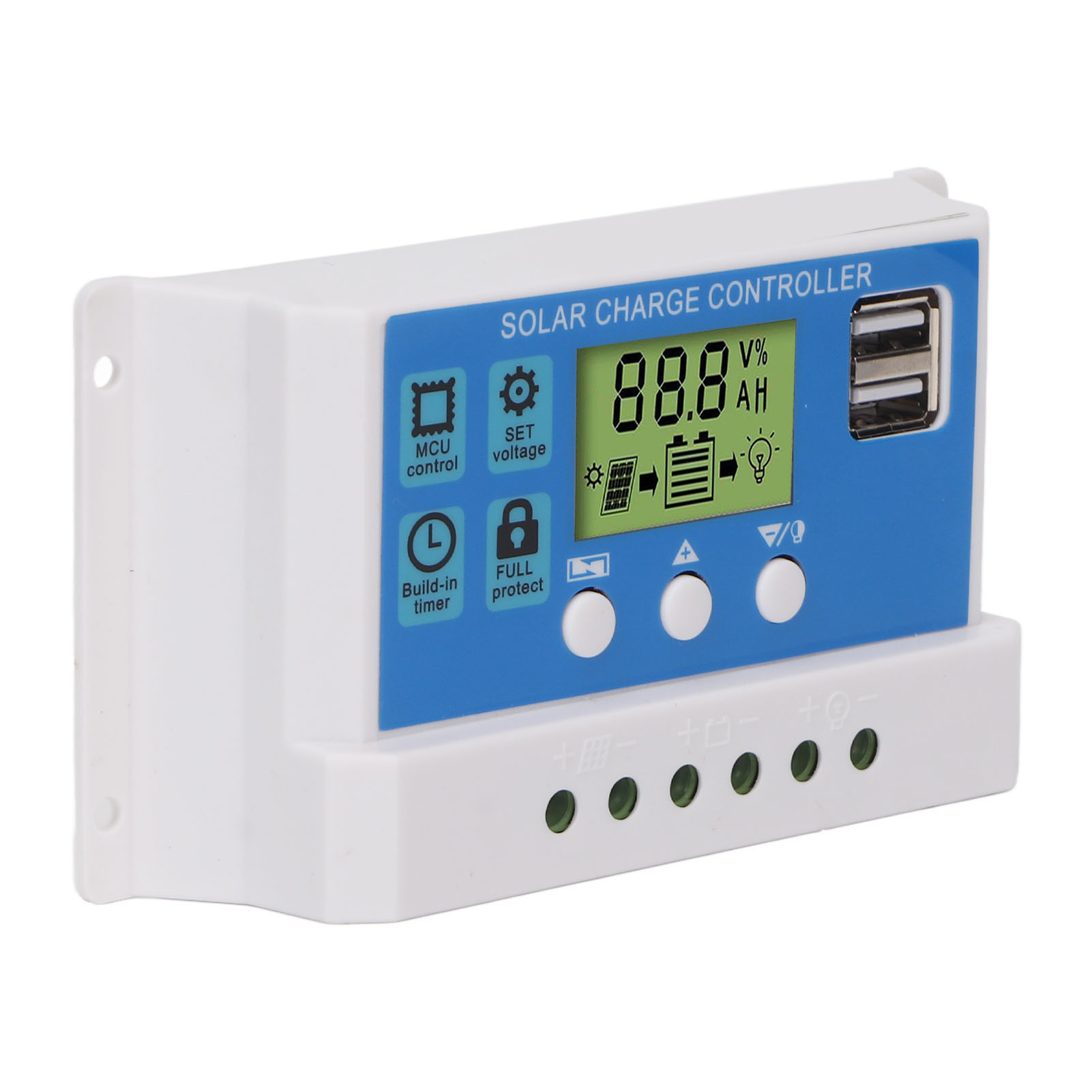 Intelligenter Pwm-solarladeregler Mit Einstellbarem Lcd-bildschirm Und 2 Usb-anschlüssen (12v/24v, Weiß, 20a)