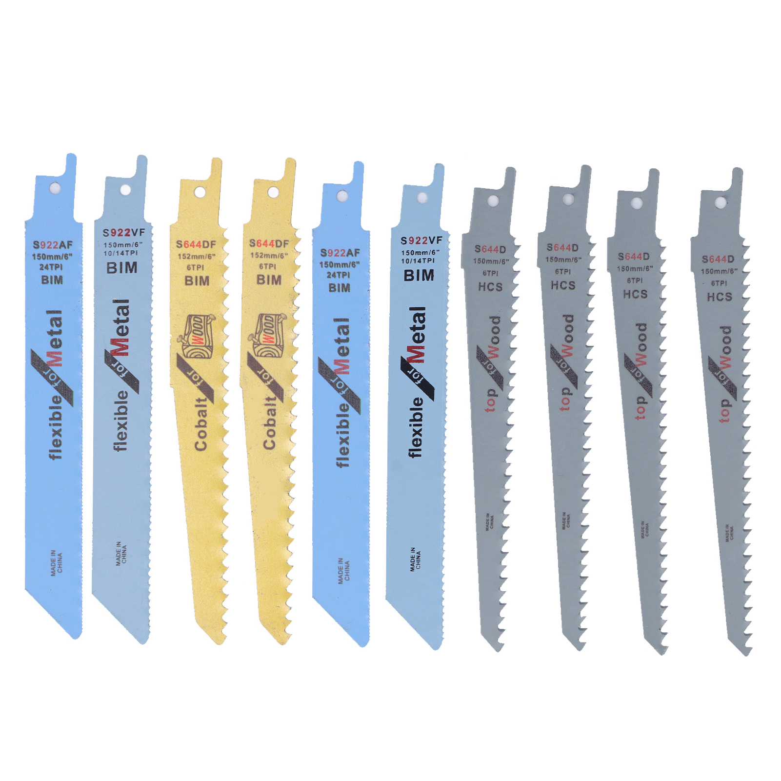 Packung Mit 10 Bimetall-säbelsägeblättern Aus Hochkohlenstoffhaltigem Stahl Für Holz Und Metall.