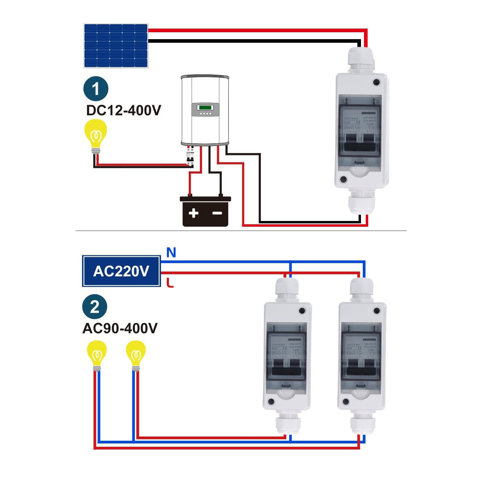 Miniatur-leistungsschalter, Wasserdicht, 50 A, 2-polig, Trennschalter/isolator Für Photovoltaikanlagen, Dc 12–400 V / Ac 90–400 V