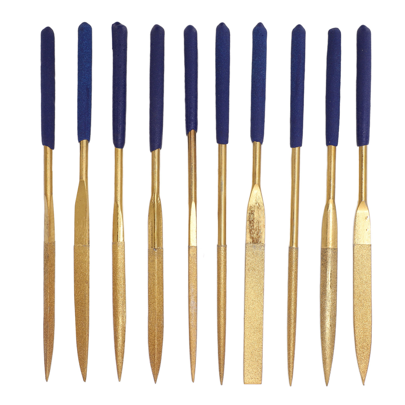 Set Aus 10 Korrosionsbeständigen Gold- Und Blauen Diamantfeilen Für Metall, Glas Und Stein.
