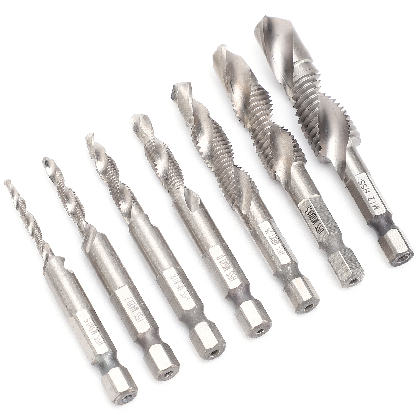 Satz Mit 7 Metrischen 1/4"-sechskant-gewindebohrern Zum Bohren Und Gewindeschneiden, Mit Integrierter, Spiralförmiger Verbundnut