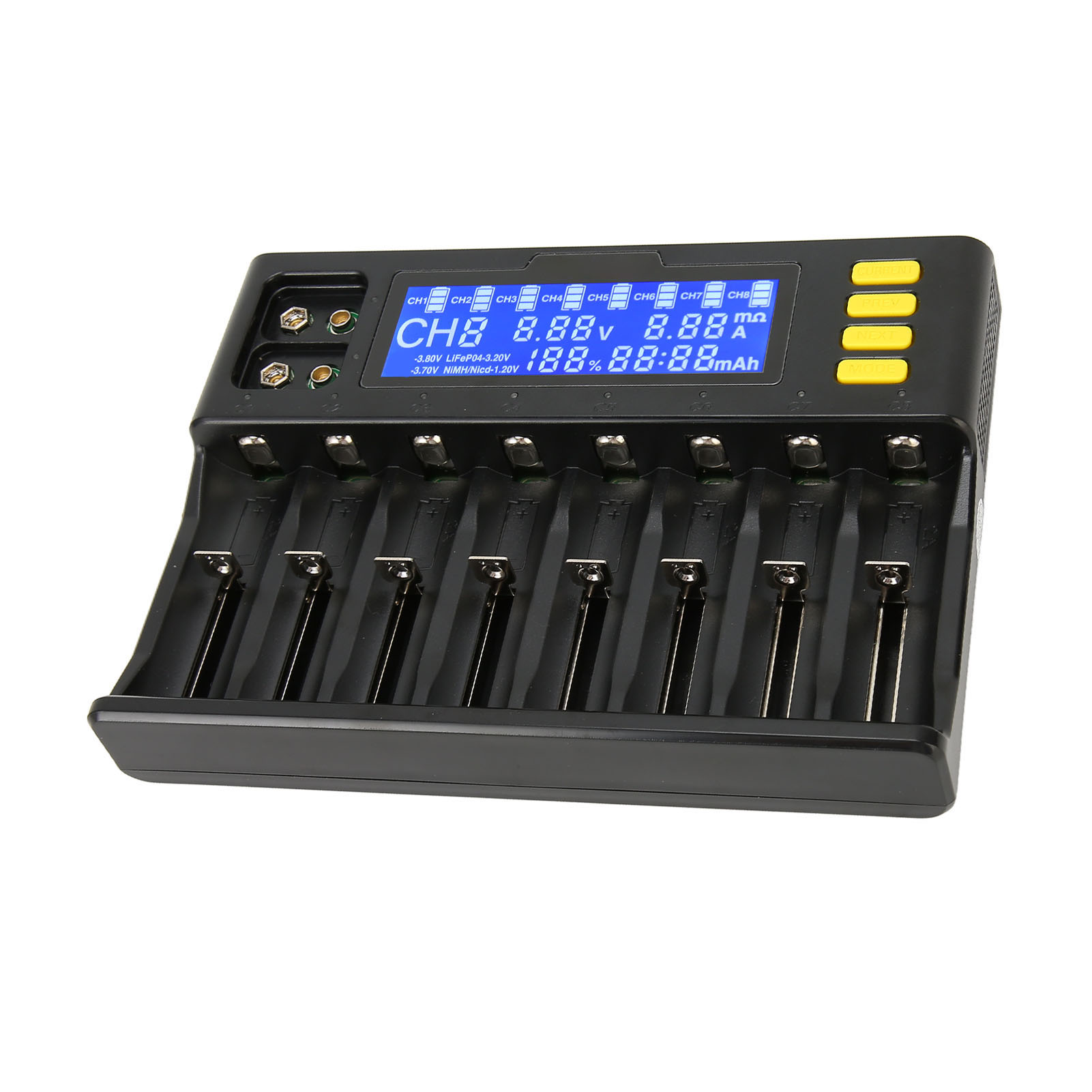 8-fach-lithium-akkuladegerät Mit Zigarettenanzünderadapter Und Lcd-display Für Li-ion-, Imr-, Icr-, Nimh-, Cd-akkus Der Typen 18650, 21700, 26650, 18350, 14500 Und Rcr 123. Eu-stecker, 100–240 V Wechs