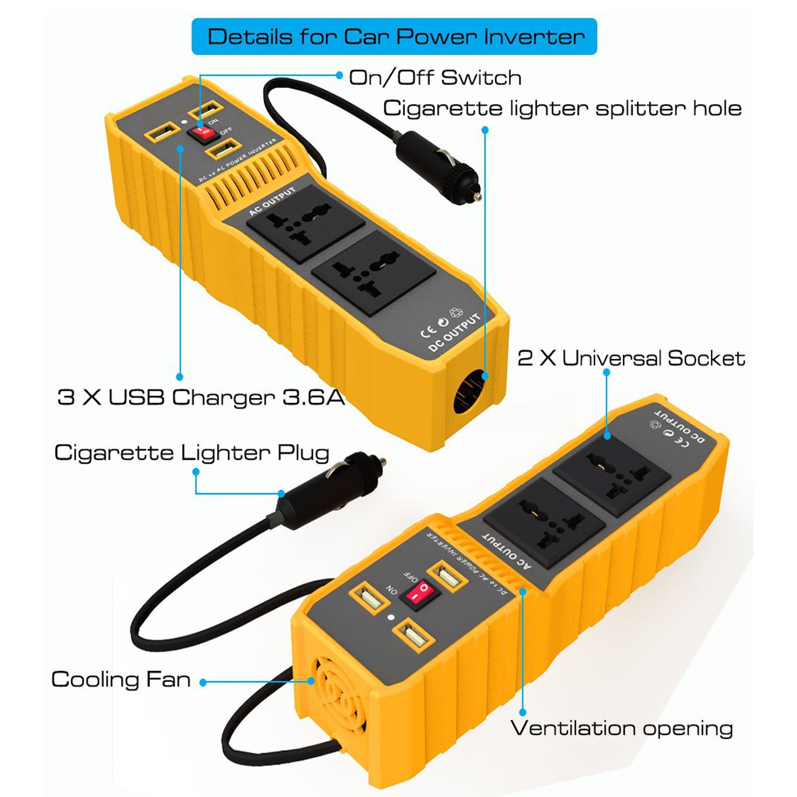 200-w-kfz-stromwandler (12 V Dc Auf 220 V Ac) Mit 3 Usb-anschlüssen, 2 Universalanschlüssen Und 1 Zigarettenanzünderbuchse