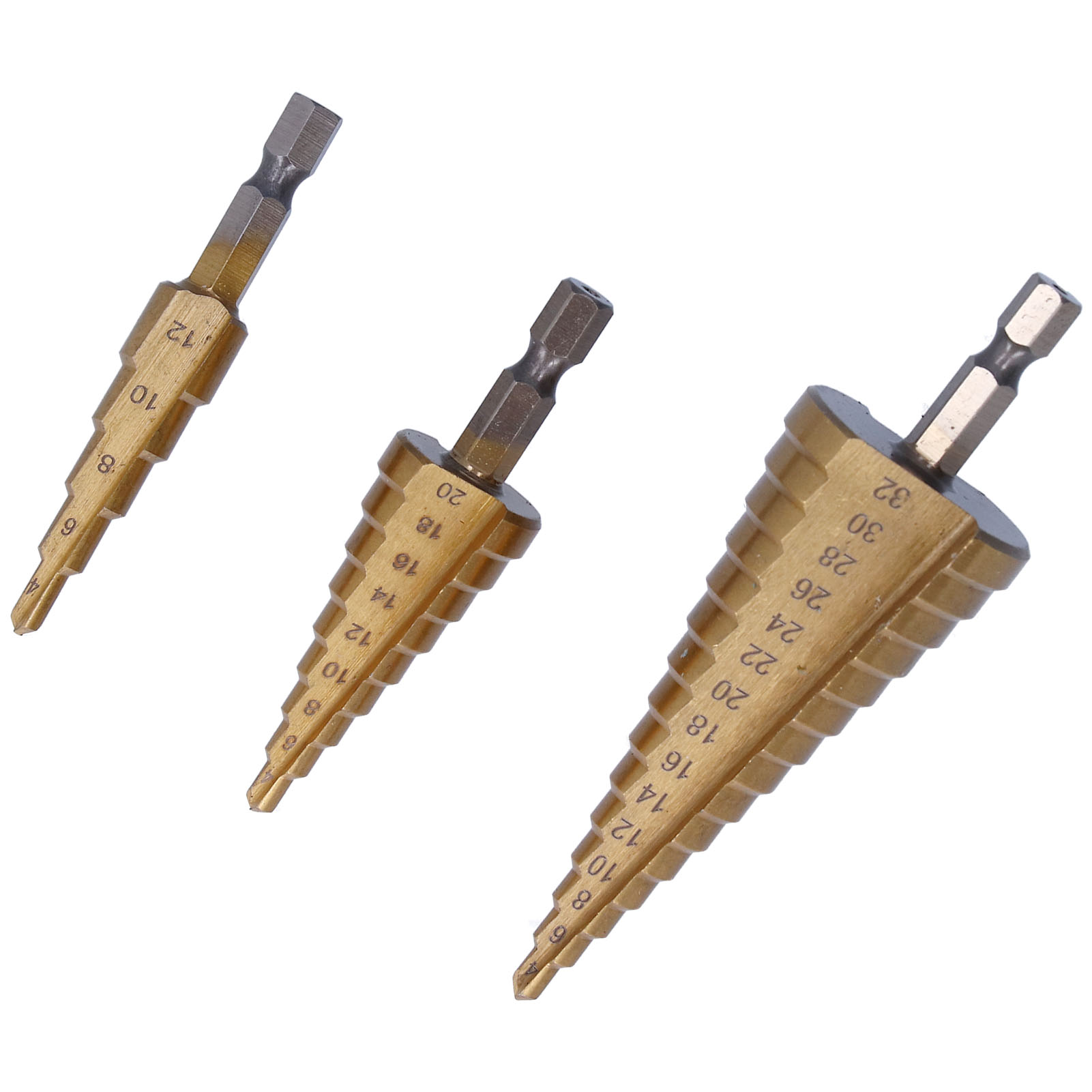 Set Mit 3 Gestuften Hss-bohrern Mit Widerhaken Zum Bohren Von Holz Und Edelstahl