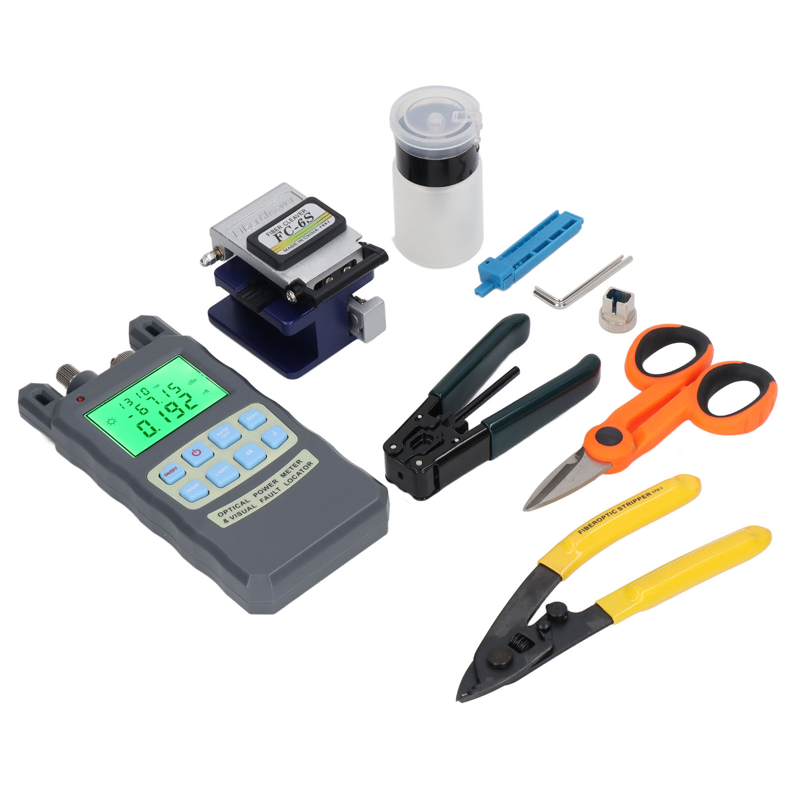 Ftth-glasfaser-werkzeugset Mit Anschlussklemmen, Optischem Wattmeter, Glasfaserschneider, Abisolierzange Und Miller-zange.