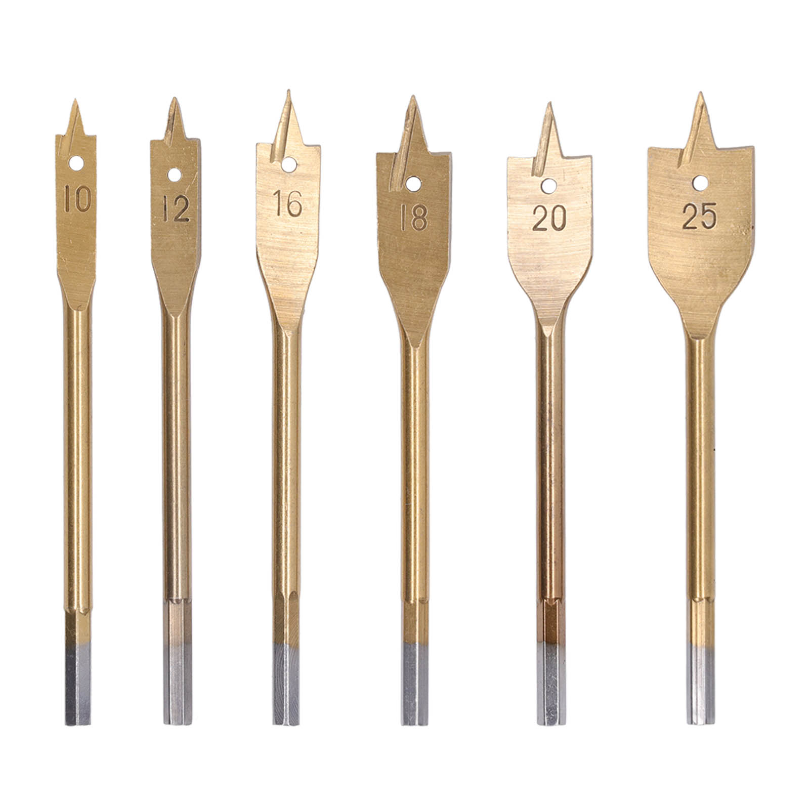 Set Mit 6 Flachen Holzbohrern Aus Kohlenstoffstahl, 3 Schneidkanten, Sechskantschaft, Goldfarben.