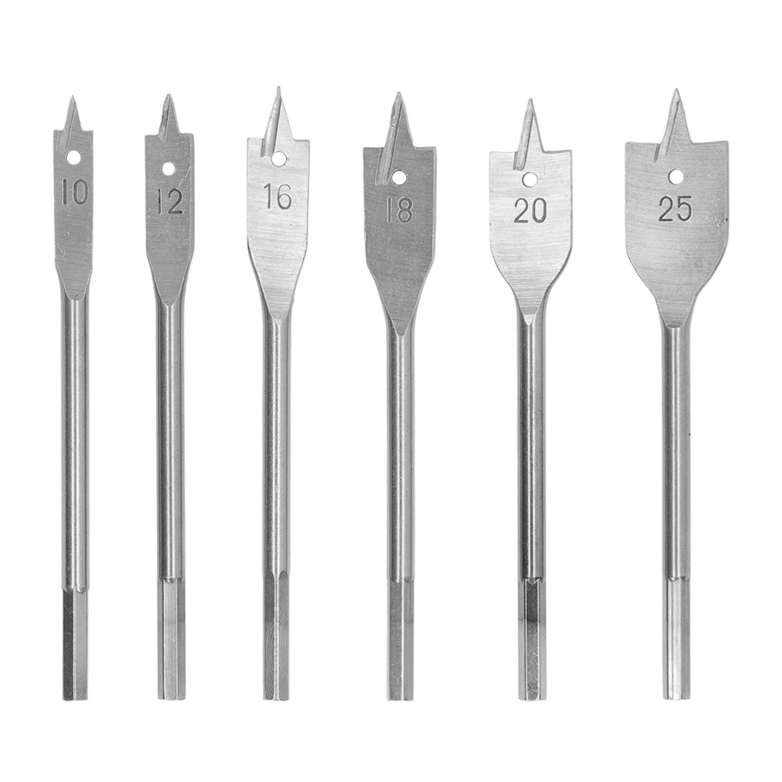 Set Mit 6 Flachen Holzbohrern Aus Kohlenstoffstahl, 3 Schneidkanten, Sechskantschaft, Silberfarben.