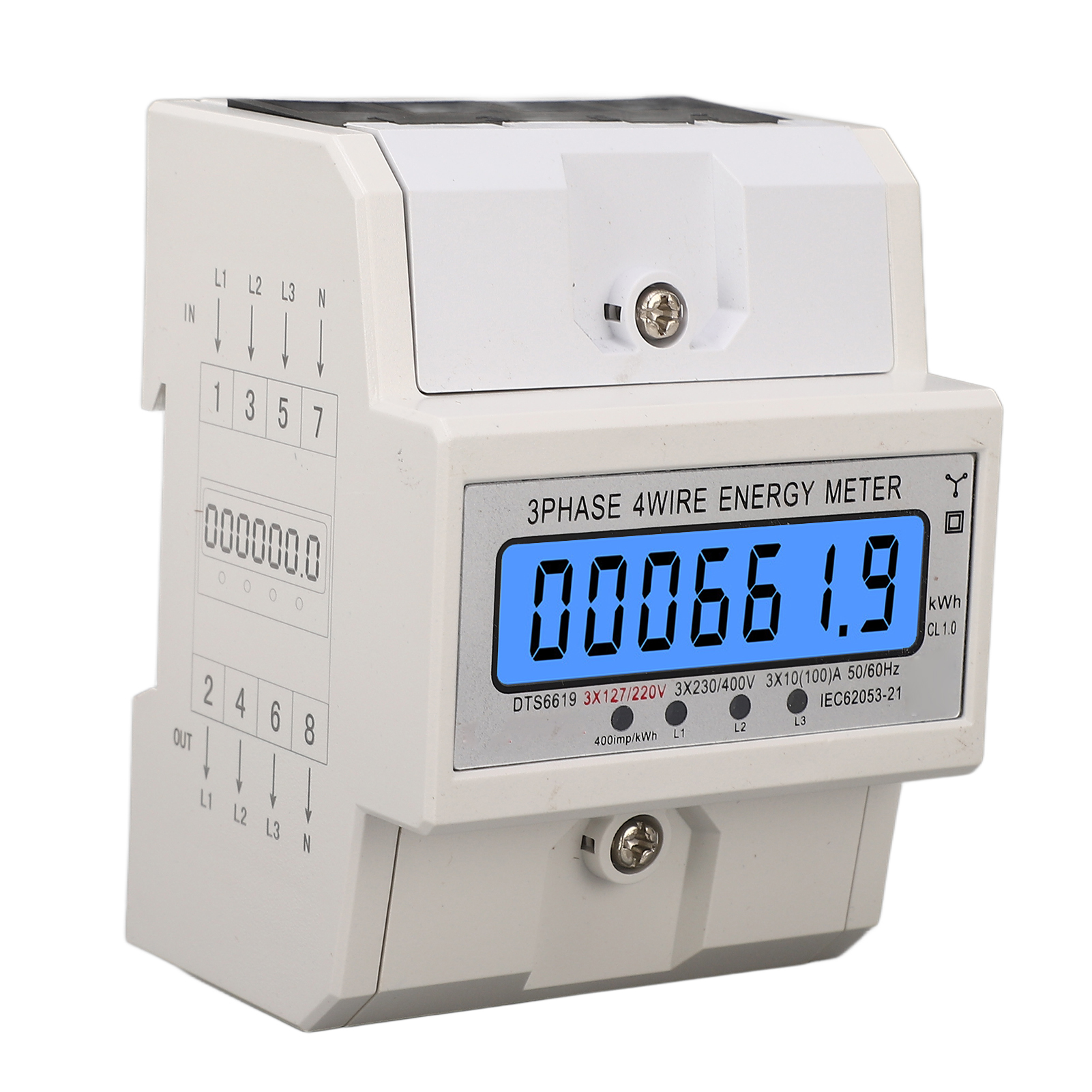 Dreiphasiger, Digitaler 4-leiter-energiezähler (kwh/wattmeter), Din-schienenmontage, Hintergrundbeleuchtetes Lcd-display, 3 X 127/220 V Ac, 10–100 A