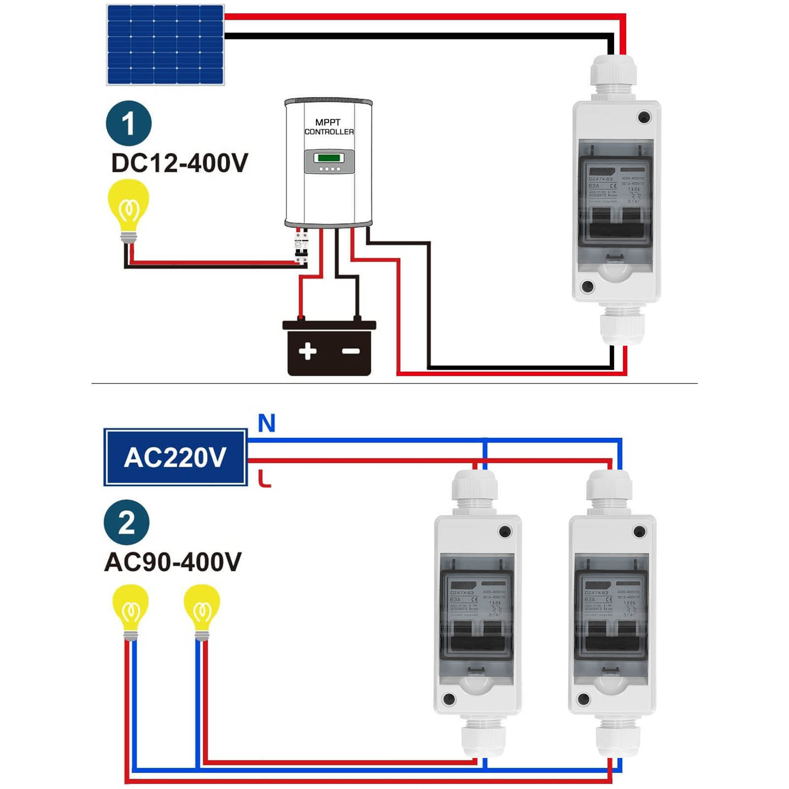 Miniatur-gleichstrom-leistungsschalter 2p 63a, Solartrennschalter Für Photovoltaikanlagen, Gleichstrom 12–400 V, Wechselstrom 90–400 V
