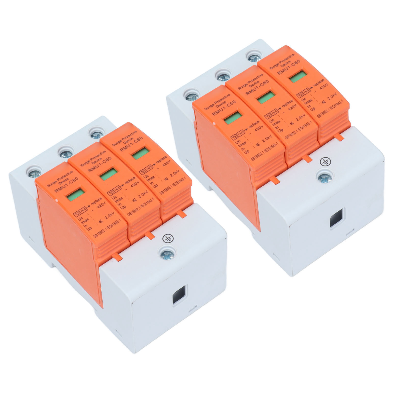 2er-pack Din-schienen-überspannungsschutzsteckdosen, 3 Steckdosen, 420 V Ac, Rmu1-c60, Imax: 60 Ka