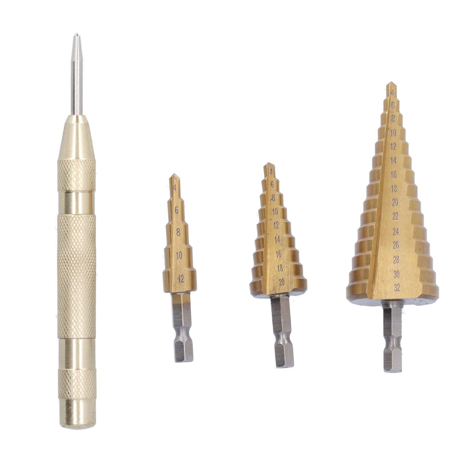 Professionelle Hss-kegelbohrer Mit Metrischer Stufenaufnahme Und Sechskantschaft, 4–32 Mm + Selbstzentrierender Pagodenstempel