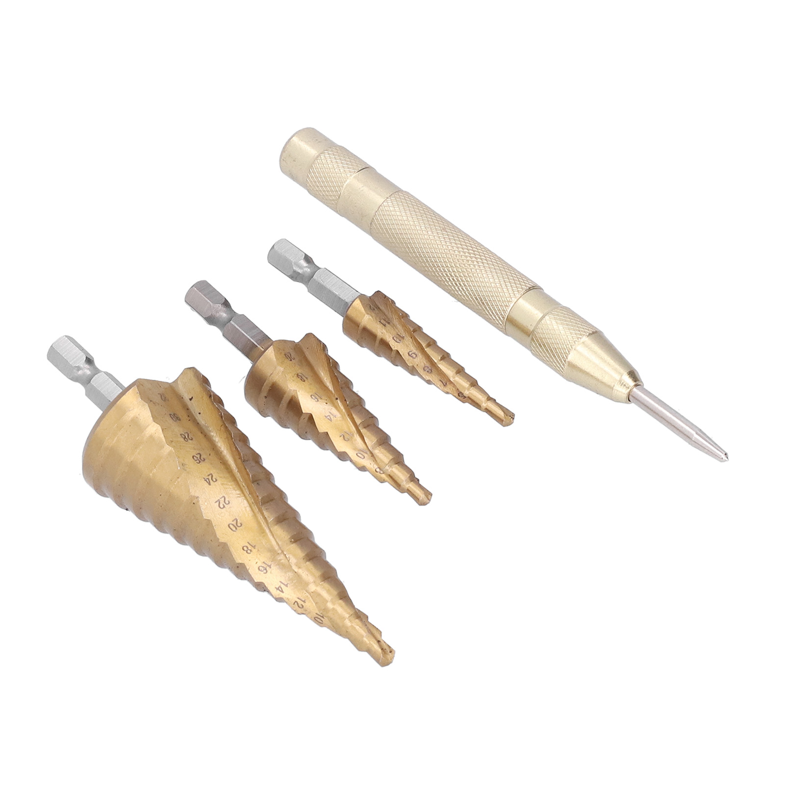 Professionelle Hss-kegelbohrer Mit Metrischer Stufenaufnahme Und Sechskantschaft, 4–32 Mm + Spiral-selbstzentrierstempel